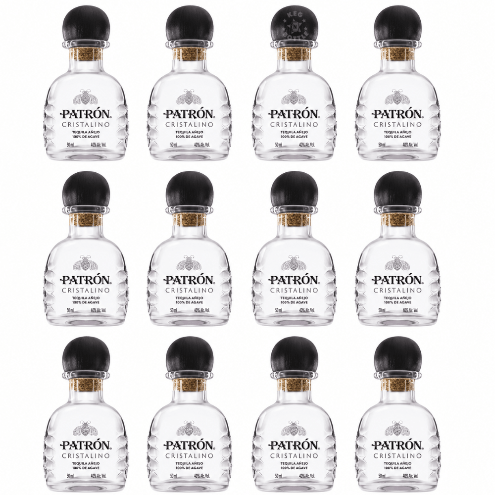 Patrón Cristalino Añejo Tequila 12-pack of 50mL miniature bottles featuring crystal-clear aged tequila with a black rounded cap.