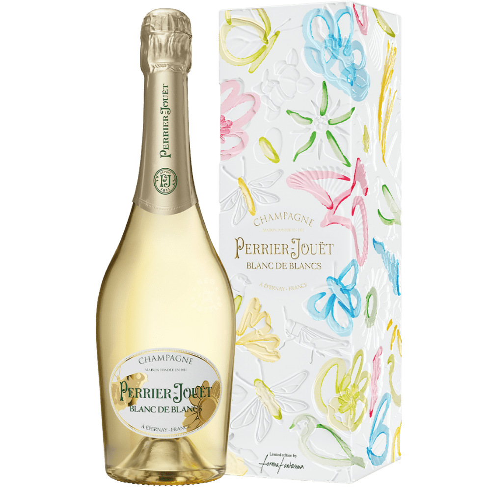 Perrier-Jouët Blanc de Blancs Brut Champagne 750mL bottle crafted from Chardonnay with an elegant clear glass presentation and gold foil neck.