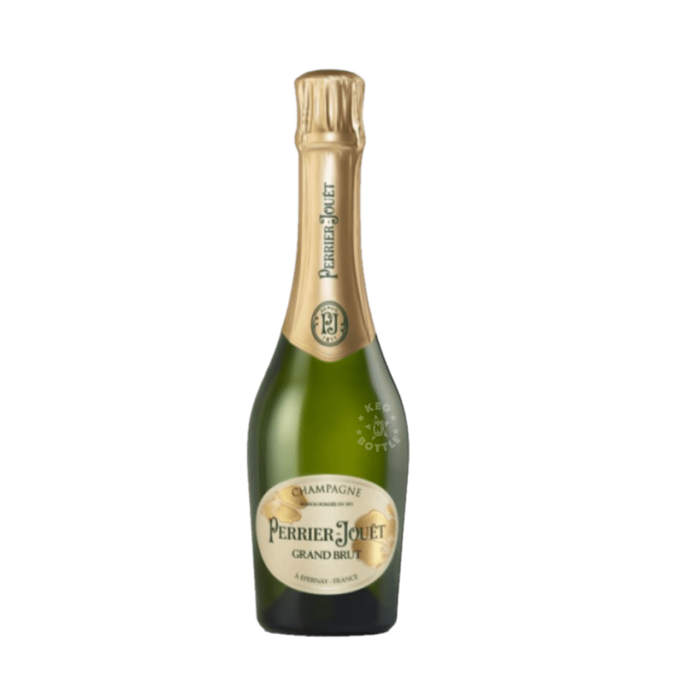 Perrier-Jouët Grand Brut Champagne 375mL half bottle with green glass, gold foil neck and classic cream label.