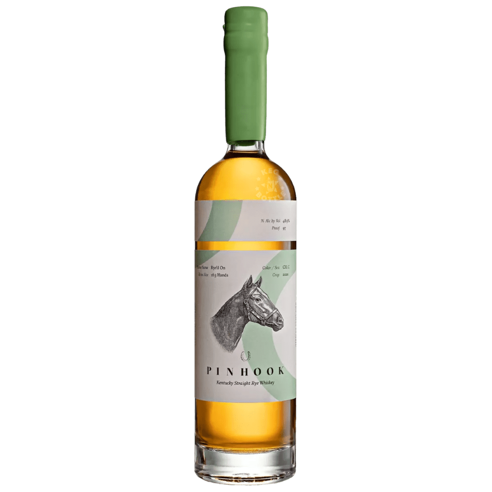 Pinhook Rye'd On 2020 Kentucky Straight Rye Whiskey 750mL bottle featuring amber whiskey, a mint-green and cream label, and a chestnut thoroughbred horse illustration.