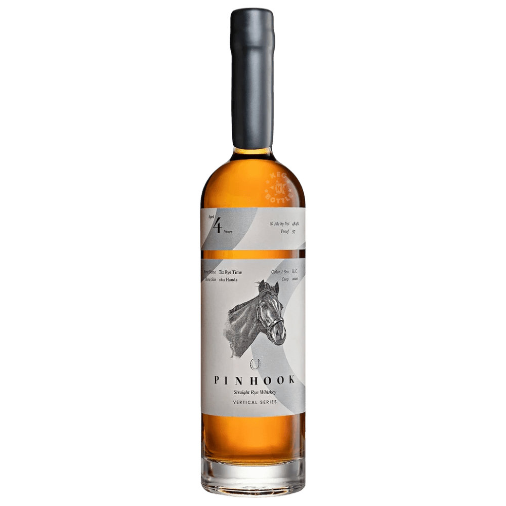 Pinhook Tiz Rye Time 4 Year Old Straight Rye Whiskey Vertical Series 2020 750mL bottle featuring amber whiskey, a cream-and-gray geometric label, and thoroughbred horse illustration.