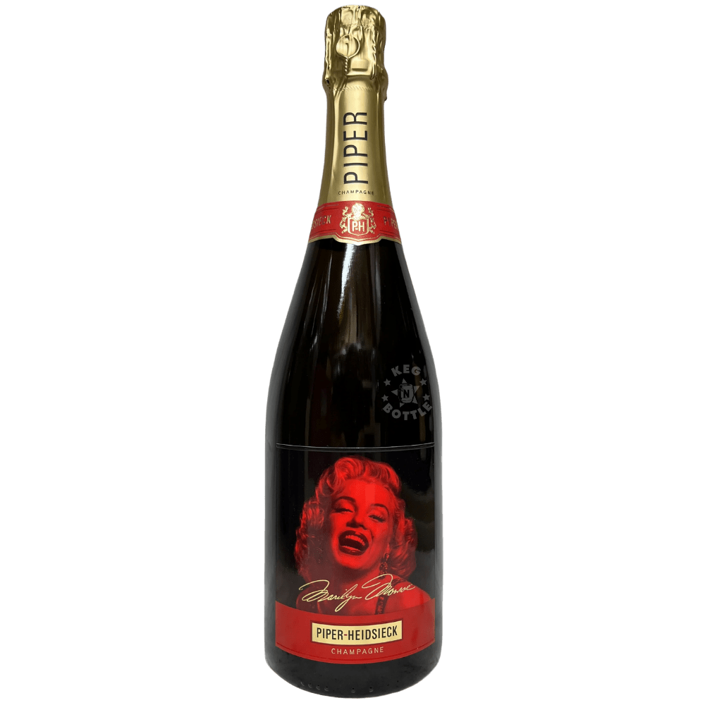 Piper-Heidsieck Cuvée Brut Marilyn Monroe Limited Edition Champagne 750mL bottle featuring gold foil, red neck seal, and black label with Marilyn Monroe portrait.