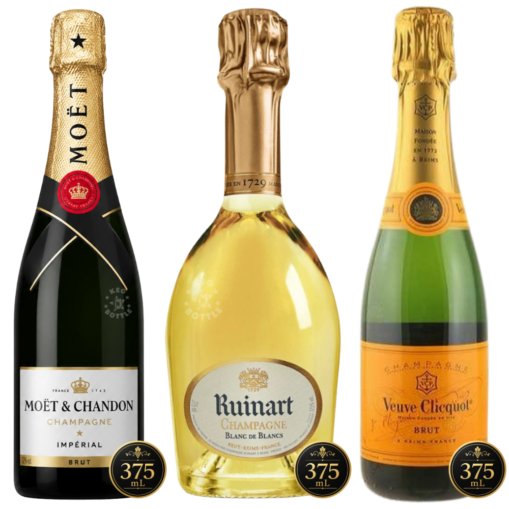 Champagne Prestige Trio Bundle featuring Moët & Chandon Brut Impérial, Ruinart Blanc de Blancs, and Veuve Clicquot Yellow Label 375mL bottles
