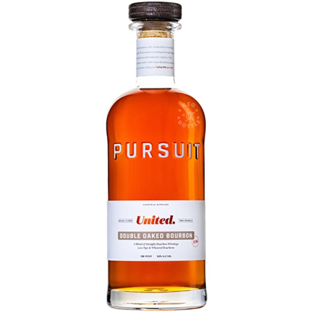 Pursuit United Double Oaked Bourbon bottle with rich amber and velvety notes