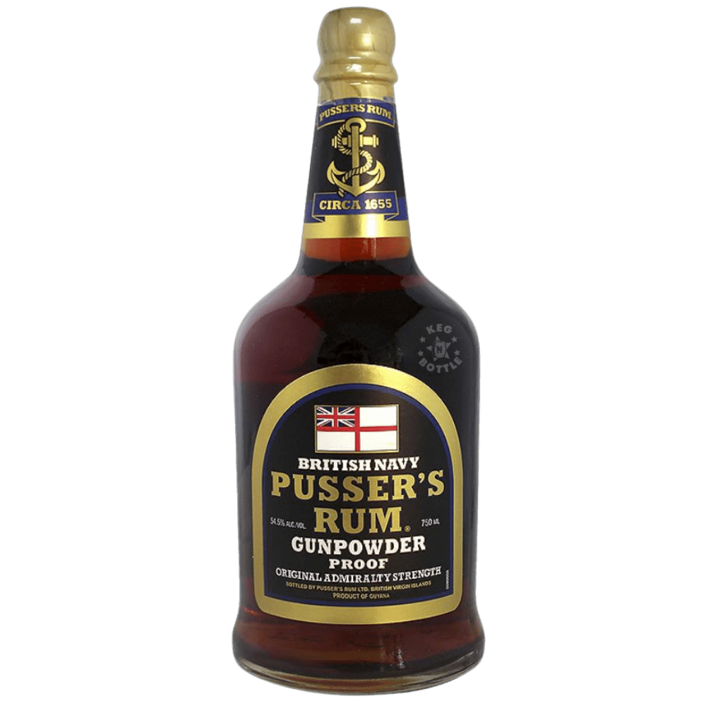 Pusser's British Navy Gunpowder Proof Original Admiralty Strength Rum 750mL bottle featuring dark amber rum, gold cap, and navy blue and gold label.