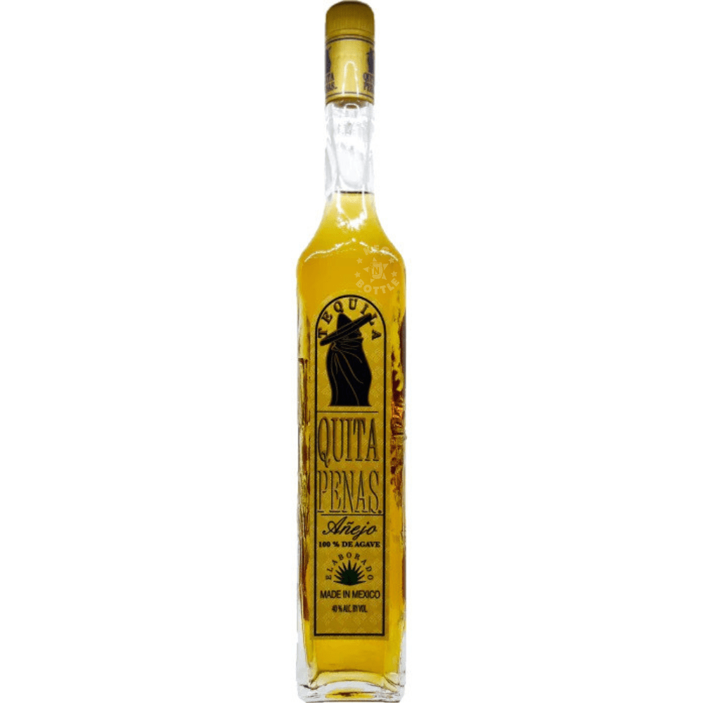 Quita Penas Tequila Añejo 1L in a tall traditional bottle with gold label and cap | Keg N Bottle.