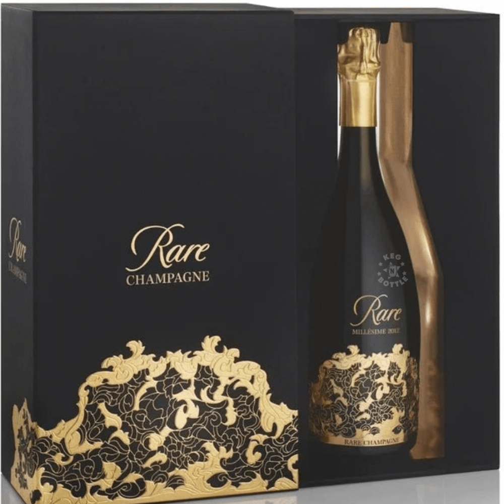 Rare Champagne Millésime 2012 750mL bottle presented in an elegant black and gold luxury gift box.