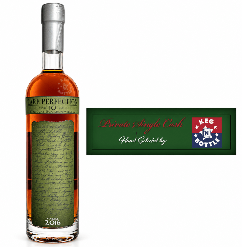 Rare Perfection 10 Year Old Private Single Cask Kentucky Bourbon Whiskey Keg N Bottle Barrel #92 750mL, bottled at 128 proof with a 132-bottle yield.