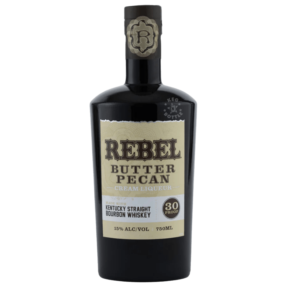 Bottle of Rebel Butter Pecan Cream Liqueur made with Kentucky Straight Bourbon Whiskey displayed against dark wood background