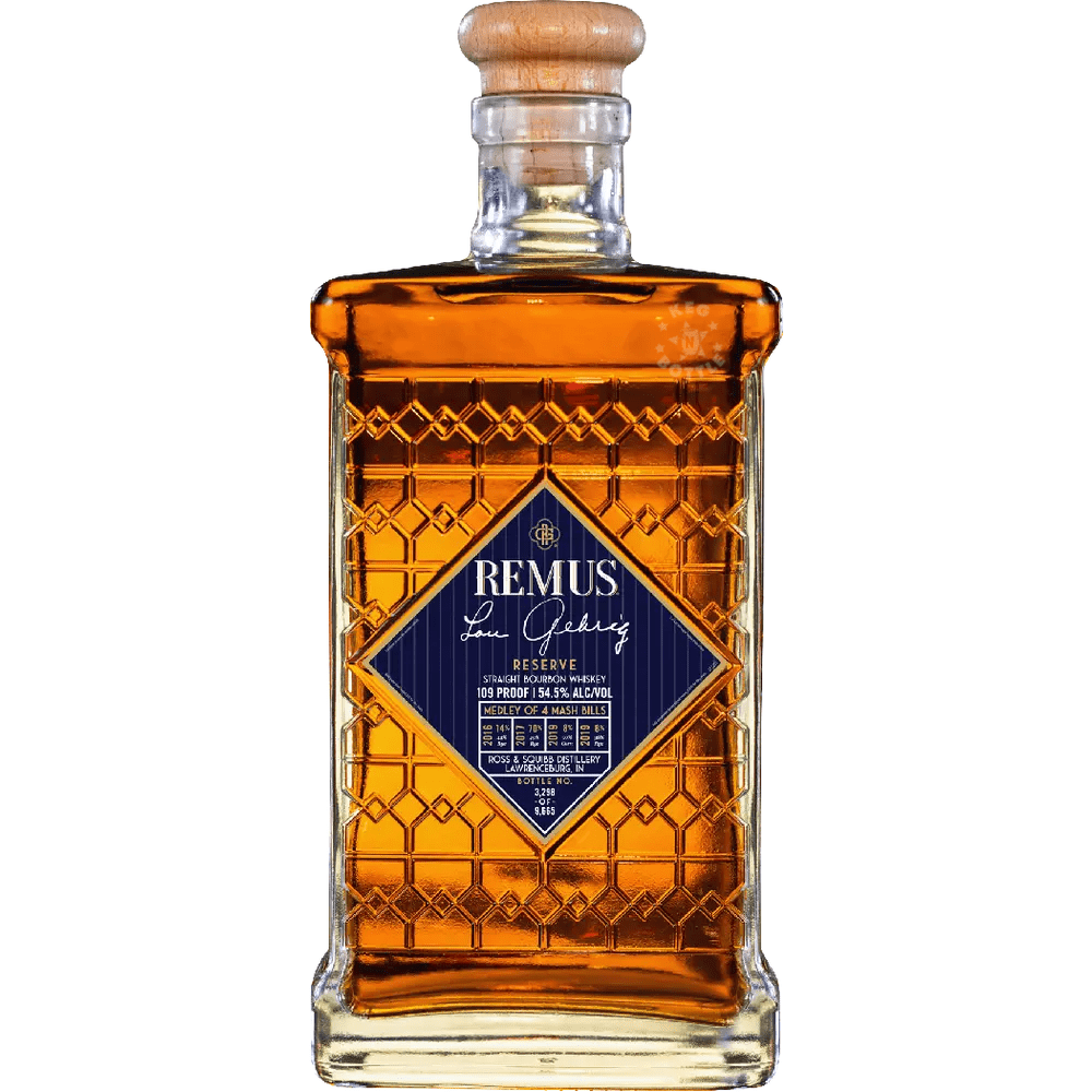 Remus Lou Gehrig Reserve Limited Edition Straight Bourbon Whiskey 750mL bottle featuring a commemorative blue and gold label, 109 proof, and individually numbered collector's release.