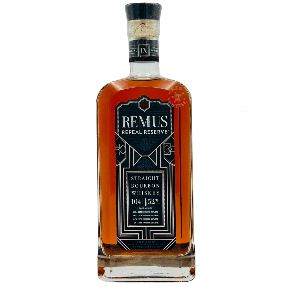 Bottle of Remus Repeal Reserve Series IX Straight Bourbon Whiskey with black Art Deco label and amber bourbon displayed against white background