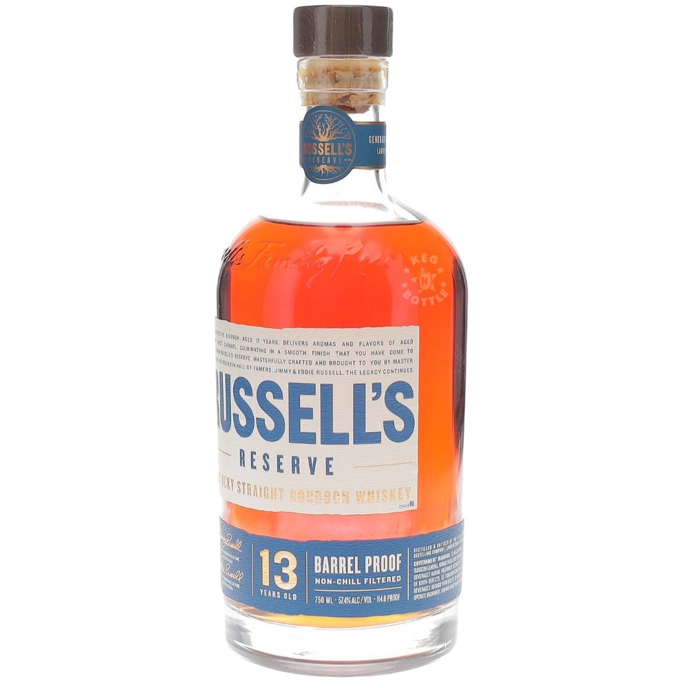 Russell’s Reserve 13 Year Old Barrel Proof Kentucky Straight Bourbon Whiskey Batch 1 750 ml bottle on a white background, showing age statement and 13-year label.