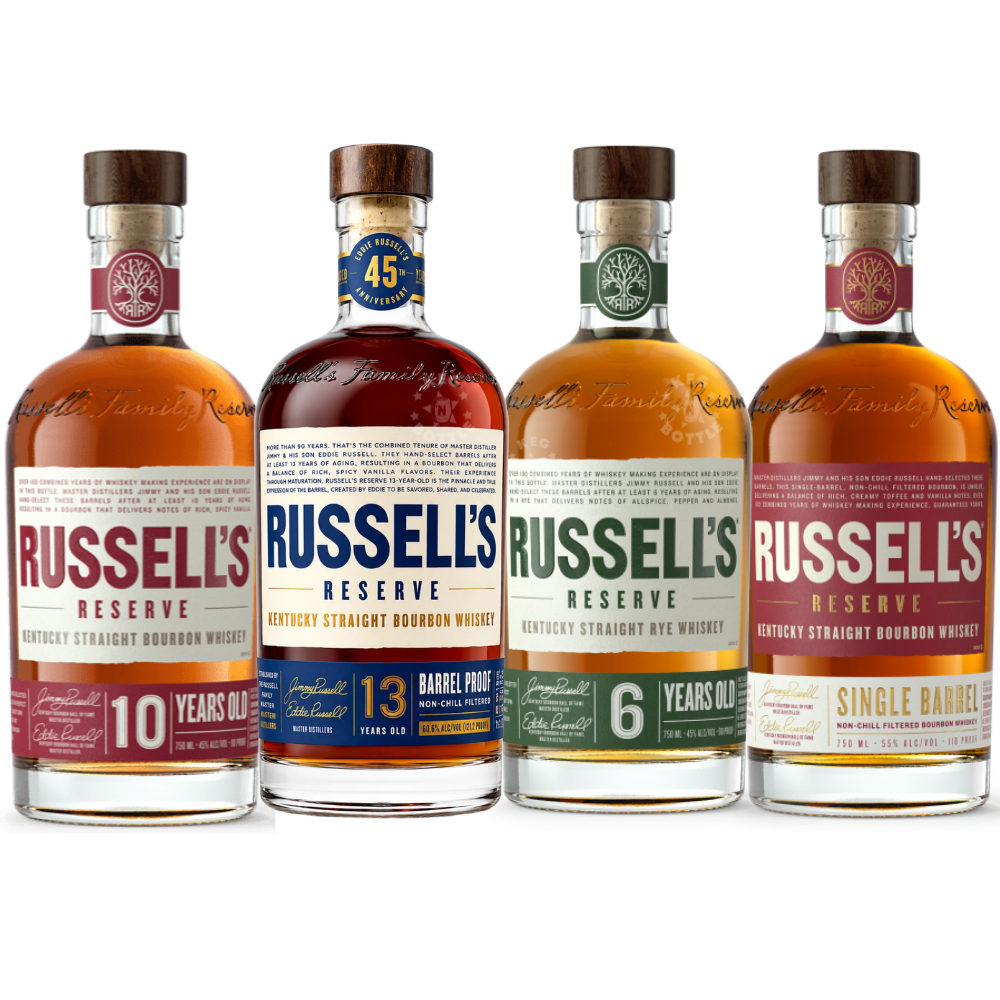 Russell’s Reserve 4-bottle whiskey collection featuring 13 Year Eddie Russell’s 45th Anniversary Bourbon, 10 Year Bourbon, 6 Year Rye, and Single Barrel Bourbon, four 750mL bottles.