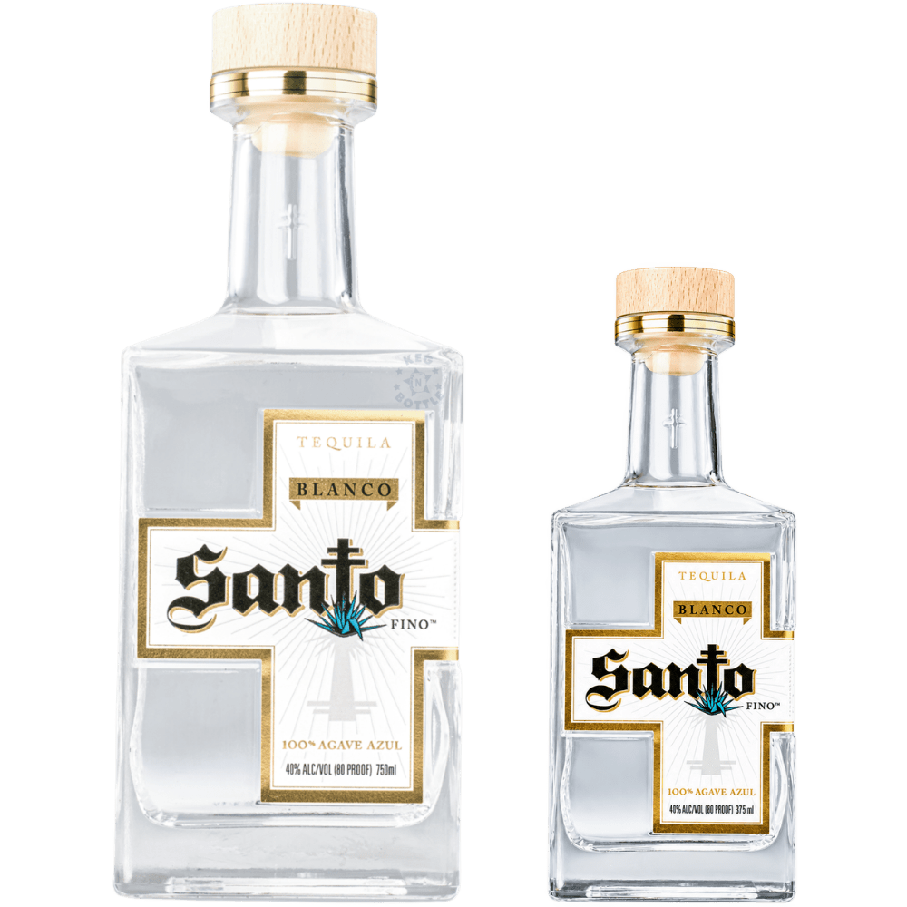 Sammy Hagar and Guy Fieri Santo Tequila Blanco two-bottle combo featuring 750mL and 375mL clear tequila bottles with white-and-gold cross-shaped labels and wooden caps.