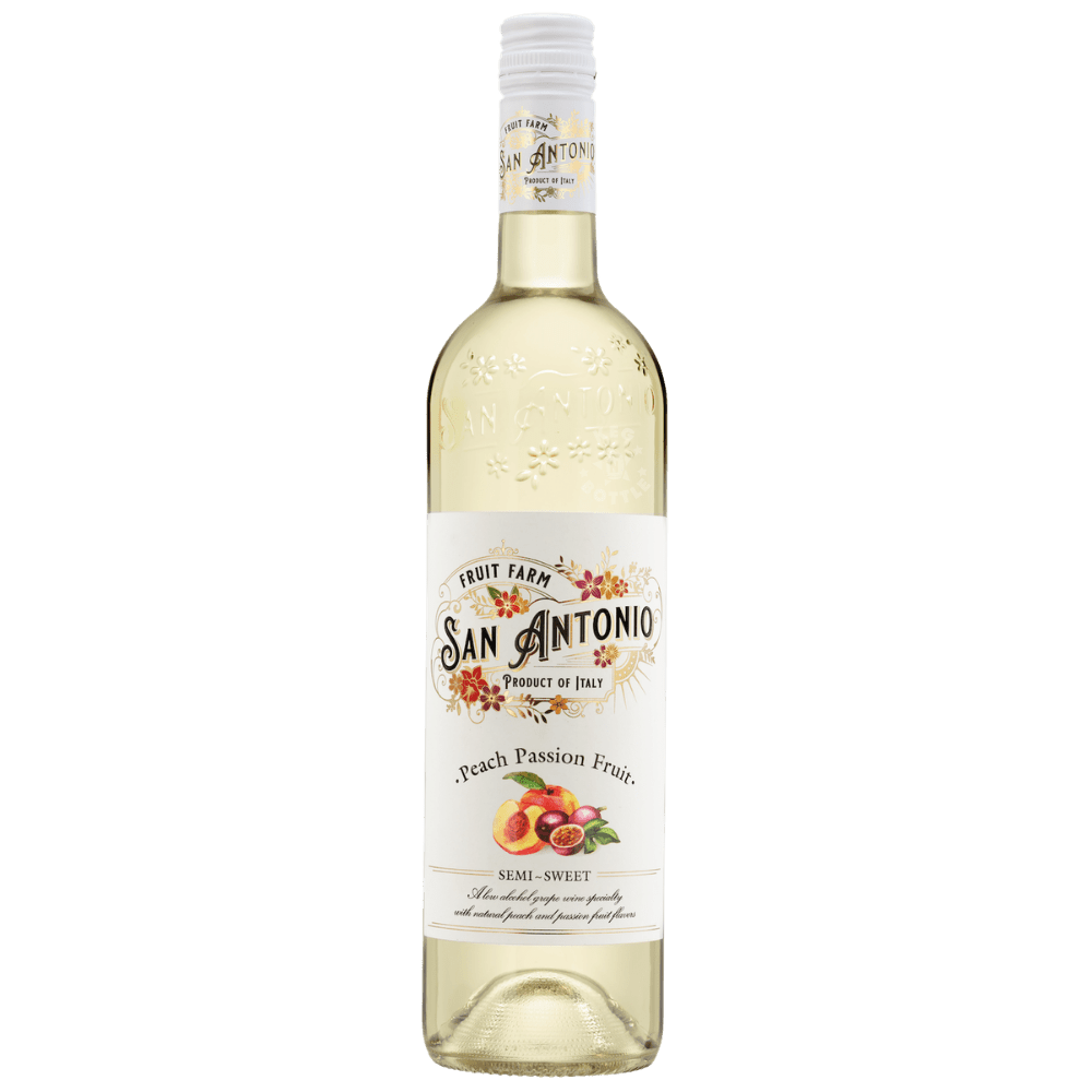 San Antonio Fruit Farm Peach Passion Fruit Semi-Sweet Wine 750mL bottle with natural peach and passion fruit flavors.