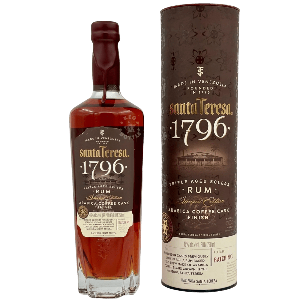 Santa Teresa 1796 Arabica Coffee Cask Finish Rum in decorative limited-edition gift tube packaging.