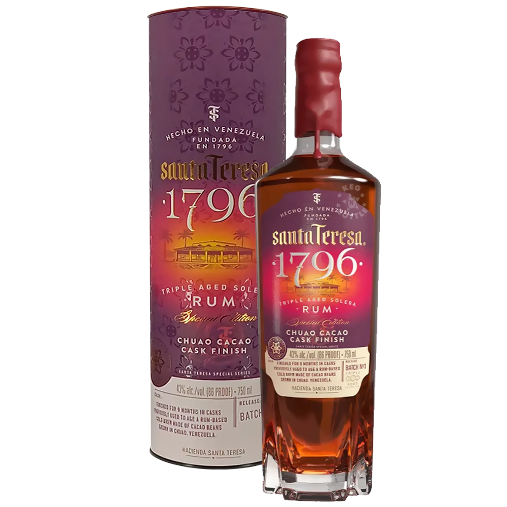 Santa Teresa 1796 Chuao Cacao Cask Finish Special Edition Rum 750mL bottle with burgundy and gold label, red wax-style closure, and matching decorative gift tube.