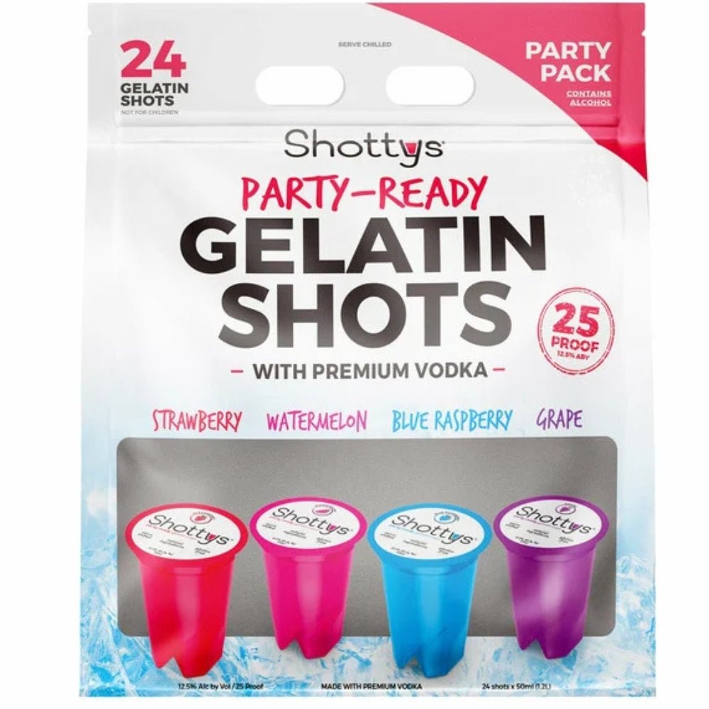 Shottys Party-Ready Gelatin Shots 24 Pack with Strawberry, Watermelon, Blue Raspberry, and Grape flavors – Made with Premium Vodka.