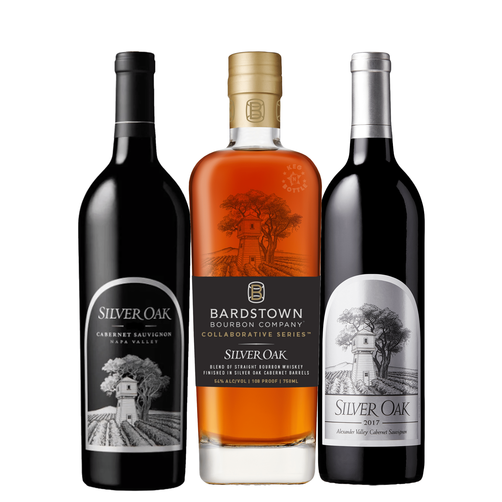 Silver Oak Napa Valley & Alexander Valley Cabernet Sauvignon & Bardstown Silver Oak Whiskey Combo Pack (3 x 750 mL) - Keg N Bottle