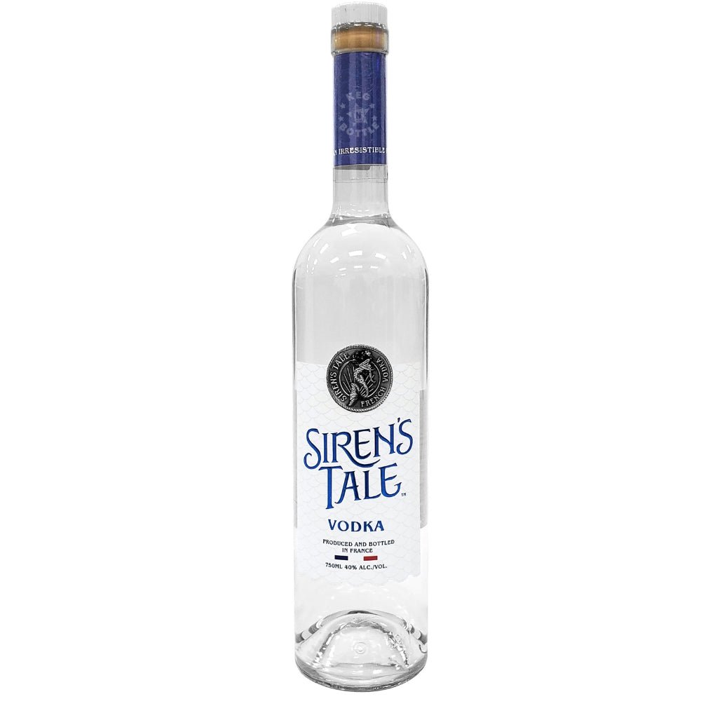 Clear 750 ml Siren’s Tale French Vodka bottle with blue neck label