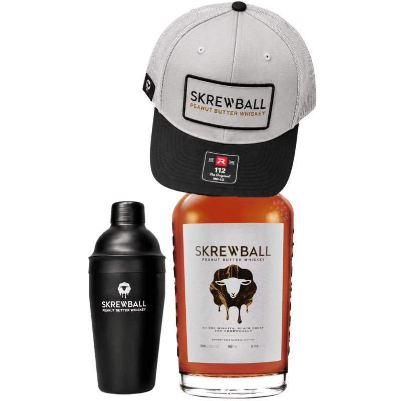 Skrewball Combo Kit featuring a 1.75L bottle of Skrewball Peanut Butter Whiskey, limited edition cocktail shaker, and Skrewball baseball cap.