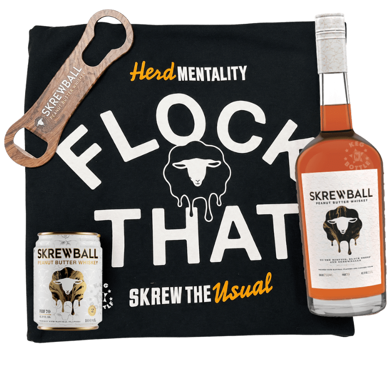 Skrewball Combo Pack featuring a limited edition XL shirt, Skrewball bottle opener, 100mL can, and 750mL bottle of Skrewball Peanut Butter Whiskey.