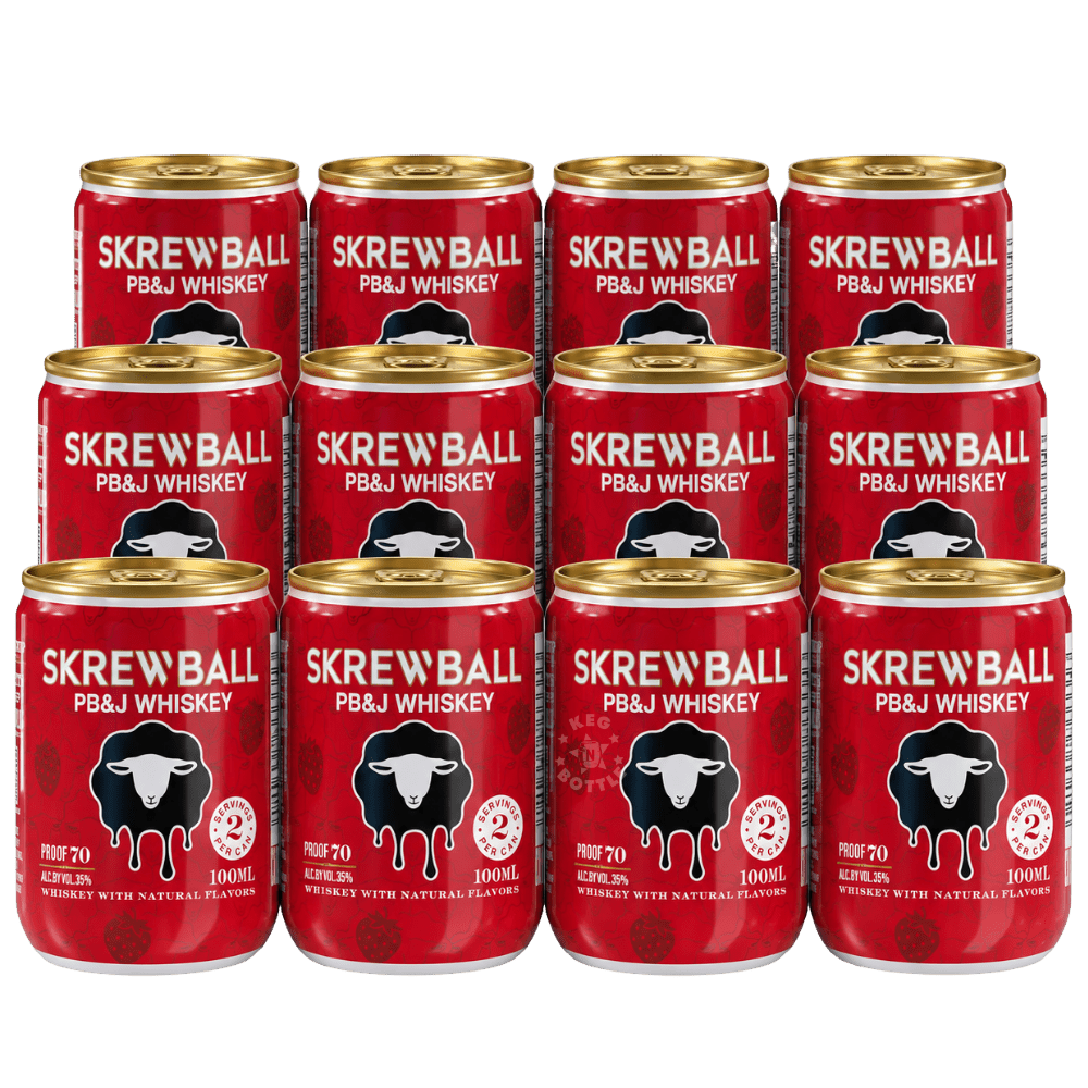 Skrewball PB&J Whiskey 12-Pack featuring twelve 100mL cans of 70 Proof peanut butter and jelly flavored whiskey.