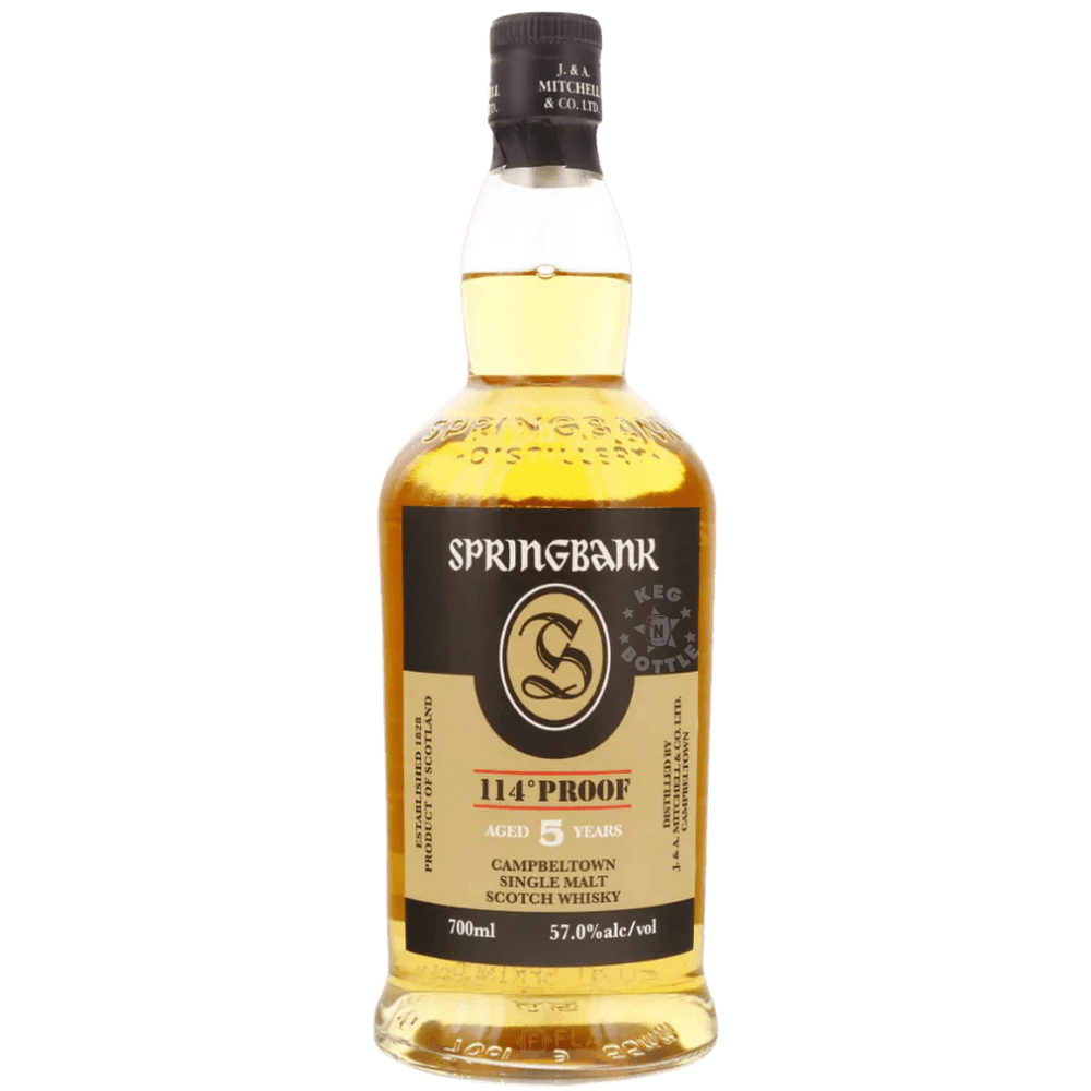 Bottle of Springbank 5 Year Old 114 Proof Campbeltown Single Malt Scotch Whisky with classic cream and navy label design.