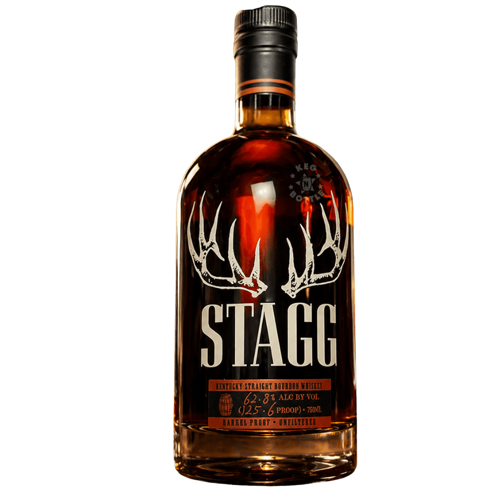 Stagg barrel proof bourbon whiskey 125.6 proof bottle with antler logo Kentucky straight bourbon