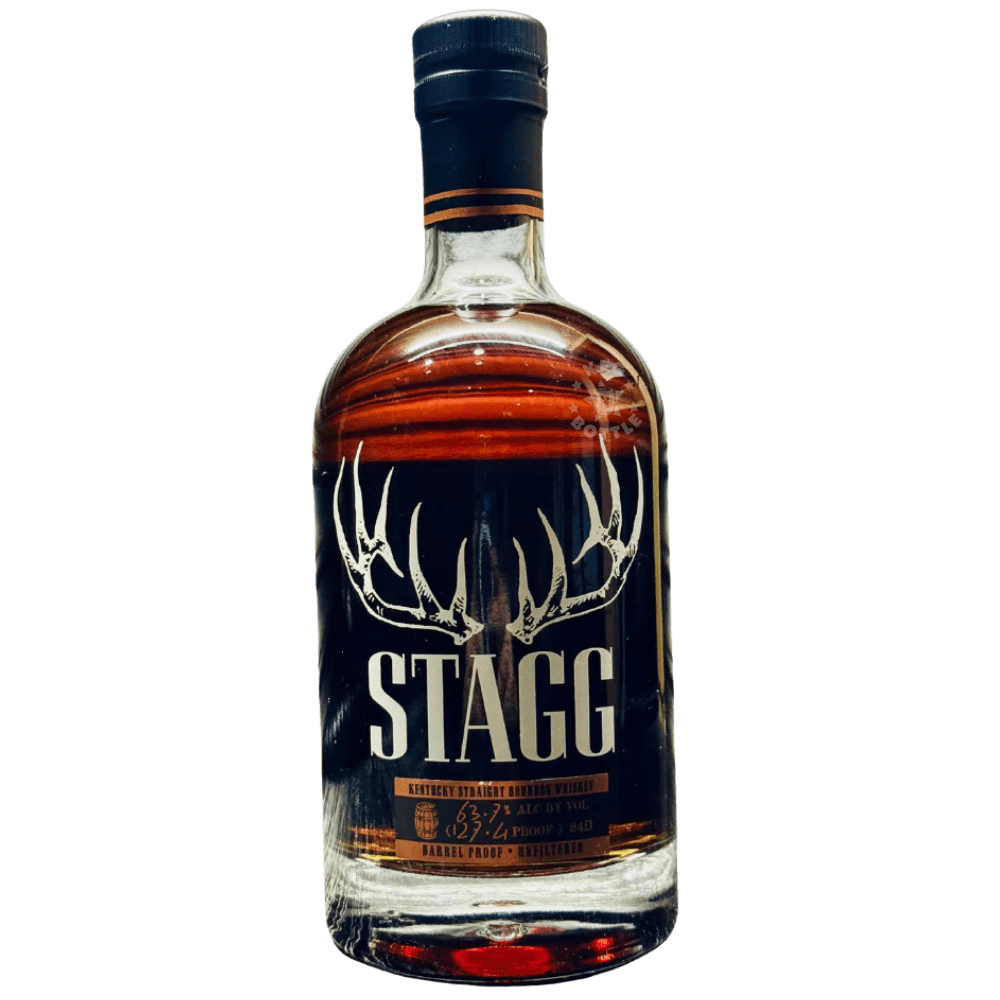 Stagg barrel proof bourbon whiskey 127.4 proof bottle with antler logo Kentucky straight bourbon