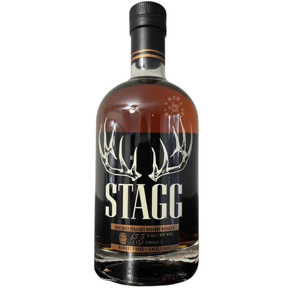 Stagg barrel proof bourbon whiskey 131 proof bottle with antler logo Kentucky straight bourbon
