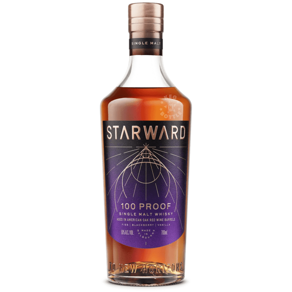 Starward 100 Proof Single Malt Australian Whisky 750mL bottle with black and purple label, aged in American oak red wine barrels.