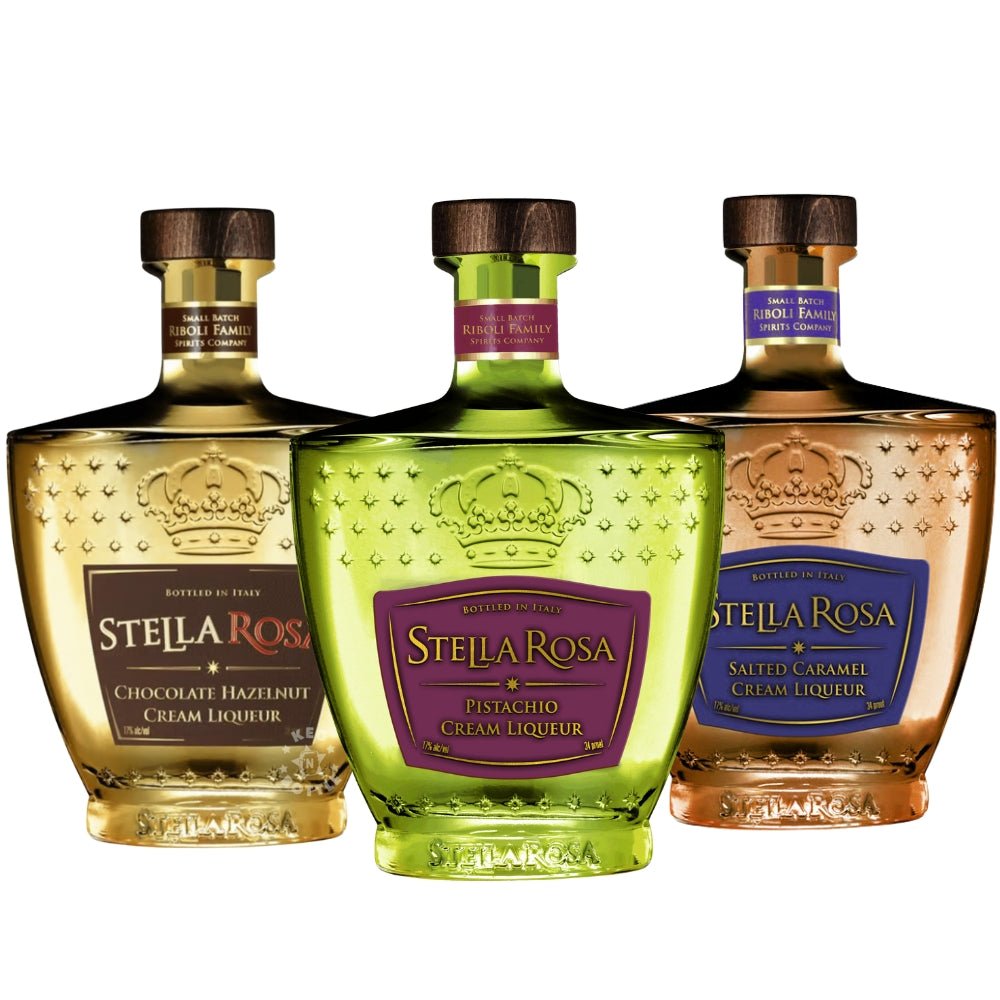 Three Stella Rosa cream liqueur bottles in pistachio, caramel, hazelnut