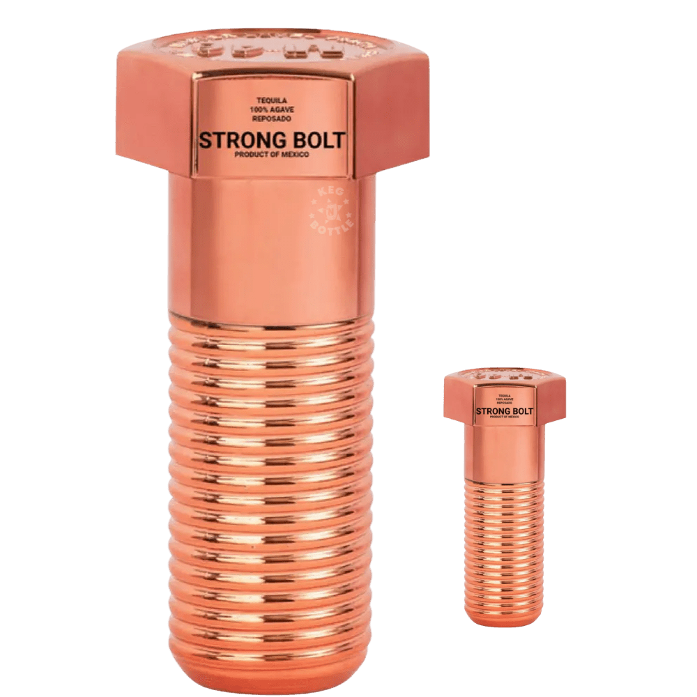 Strong Bolt Tequila Reposado M82 combo pack featuring one 700mL bottle and one 50mL miniature bottle in matching copper-toned bolt-inspired designs.