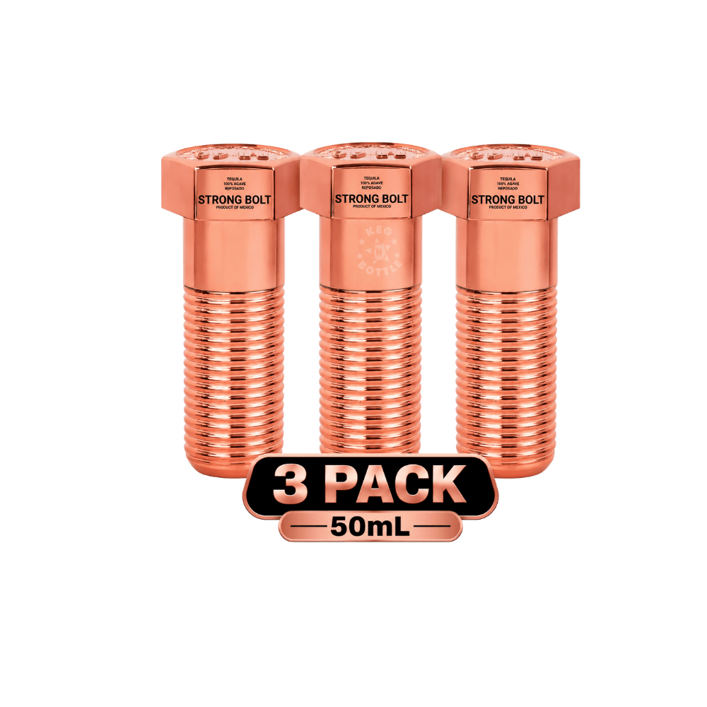 Strong Bolt Tequila Reposado M82 Mini 3-Pack featuring three 50mL copper-toned bolt-shaped bottles of 100% agave Reposado Tequila.