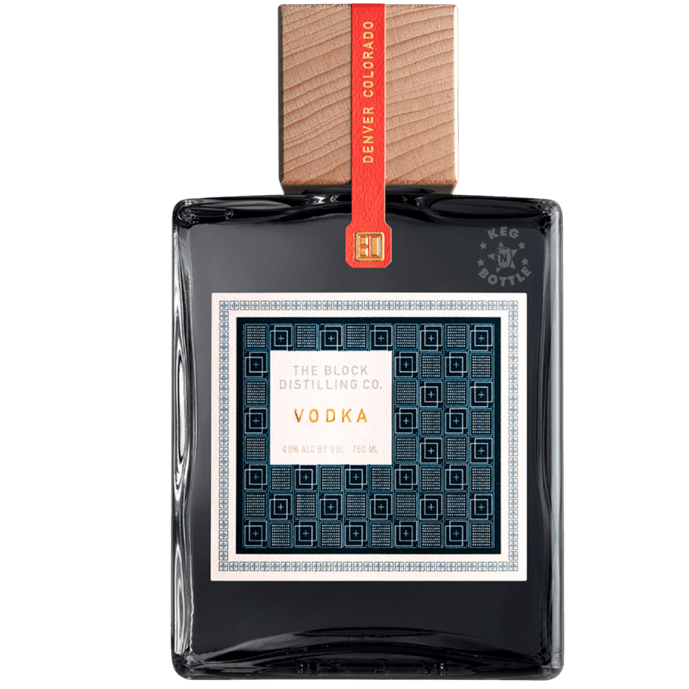 The Block Distilling Co. Vodka 750mL square dark glass bottle featuring a blue geometric label, red neck strip, and natural wooden cap.