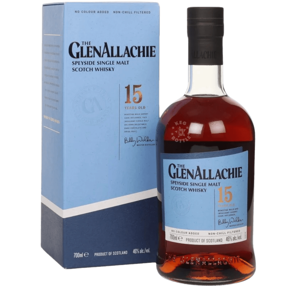 The GlenAllachie 15 Year Old Speyside Single Malt Scotch Whisky 700mL bottle with gift box.