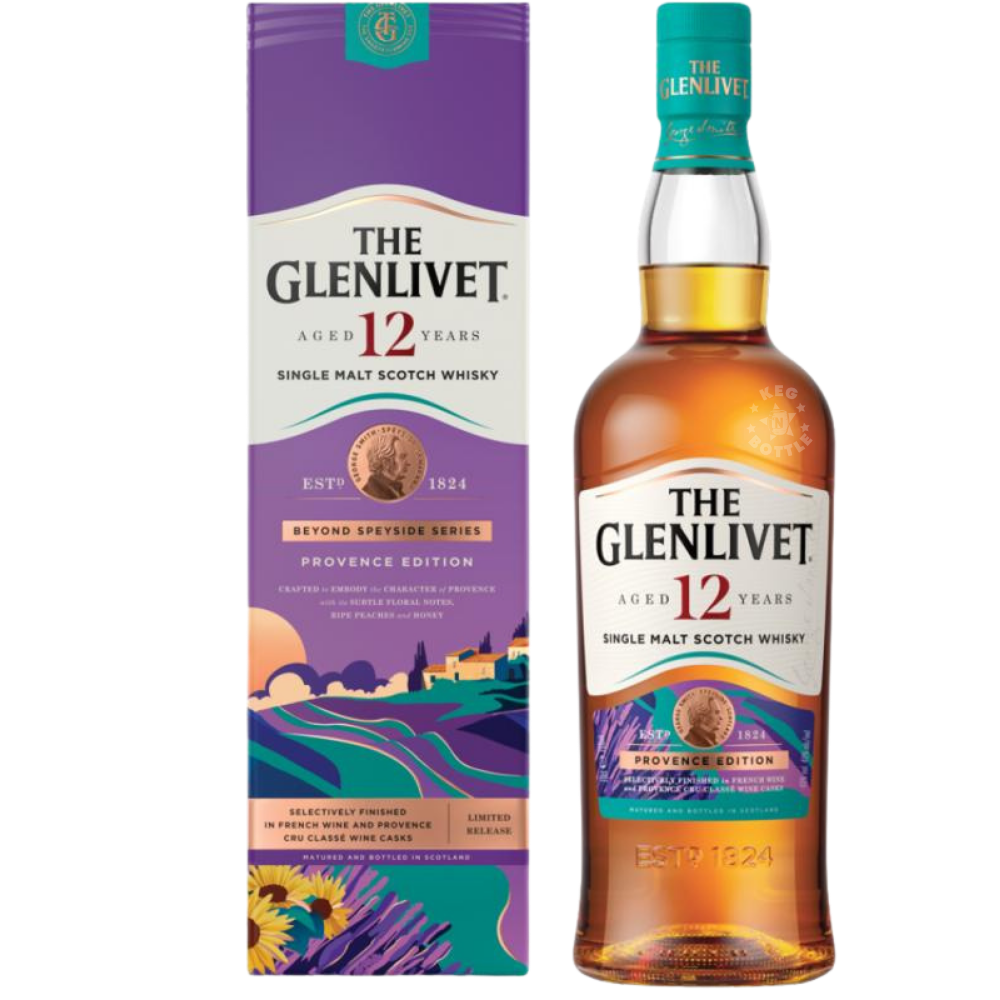 The Glenlivet 12 Year Old Provence Edition Single Malt Scotch Whisky 750mL bottle with limited-release Provence-inspired gift box.