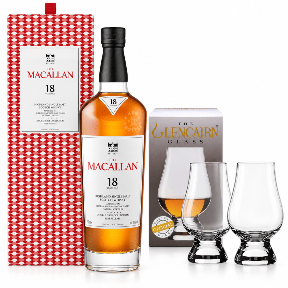 The Macallan 18 Year Double Cask Highland Single Malt Scotch Whisky 750mL bottle with original presentation box and two Glencairn whisky tasting glasses. 2