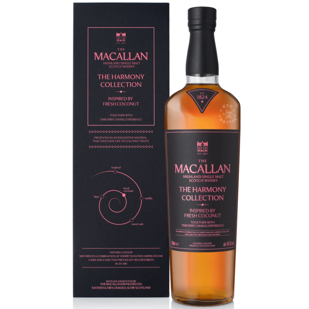 The Macallan Harmony Collection Inspired by Fresh Coconut single malt Scotch whisky bottle with presentation box.