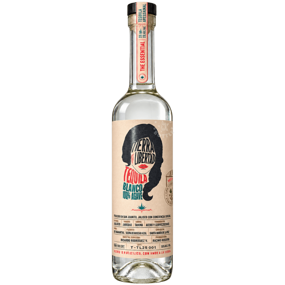 Tierra y Libertad Blanco High Proof Tequila 750mL clear glass bottle featuring a cream label with an illustrated woman's face, black and red lettering, and 100% agave branding.