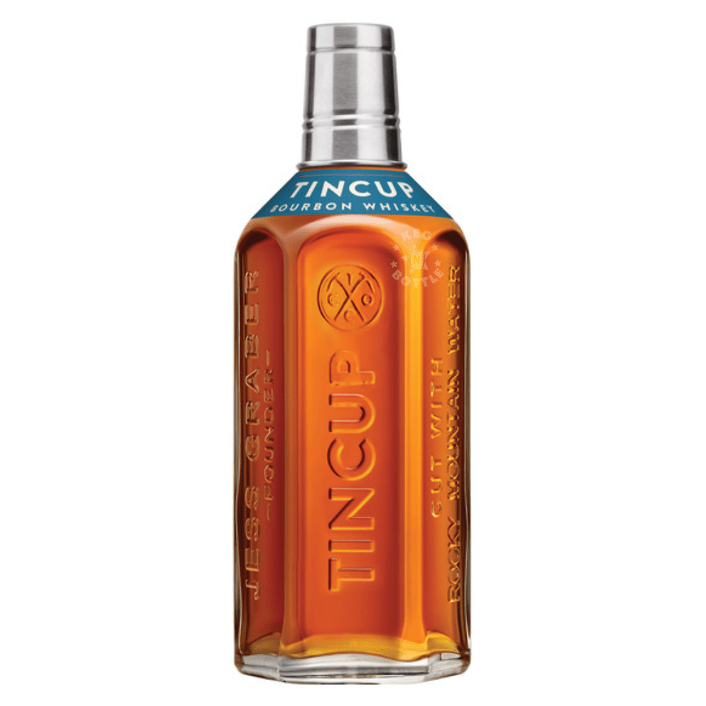 Tincup Bourbon Whiskey 375mL bottle with amber bourbon, blue neck label, and signature stainless steel cup cap.