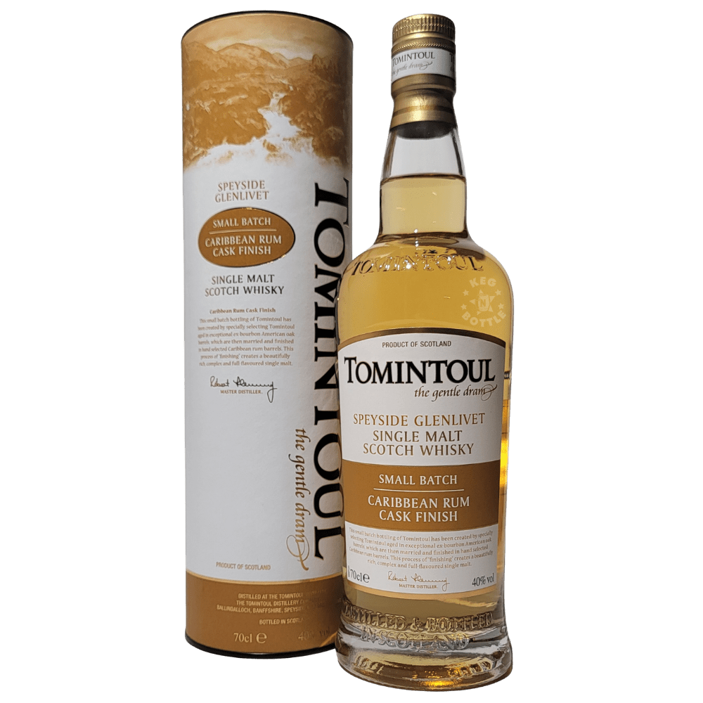 Tomintoul Small Batch Caribbean Rum Cask Finish Speyside Single Malt Scotch Whisky 750mL bottle with presentation tube.