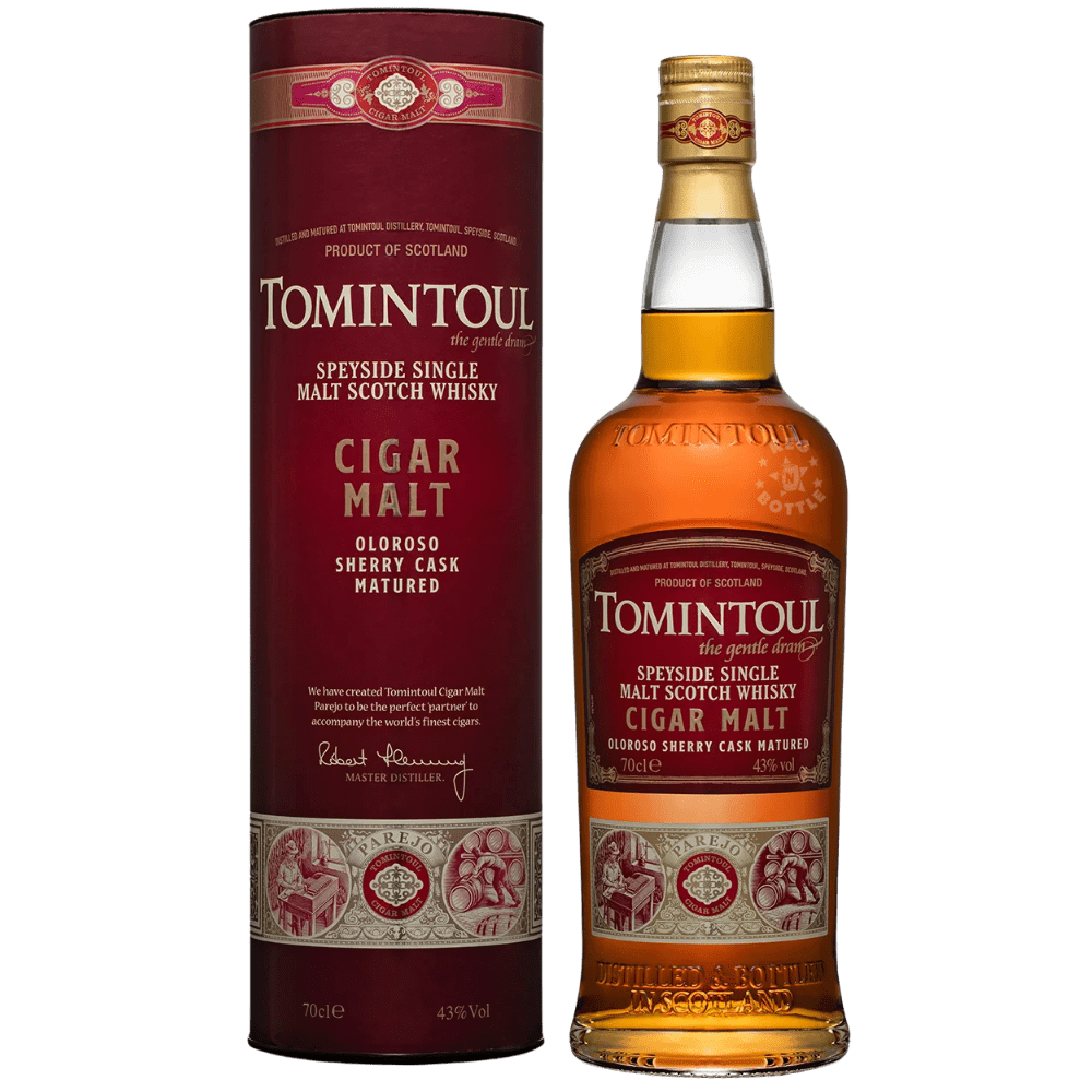 Tomintoul Cigar Malt Oloroso Sherry Cask Matured Speyside Single Malt Scotch Whisky 750mL bottle with presentation tube.