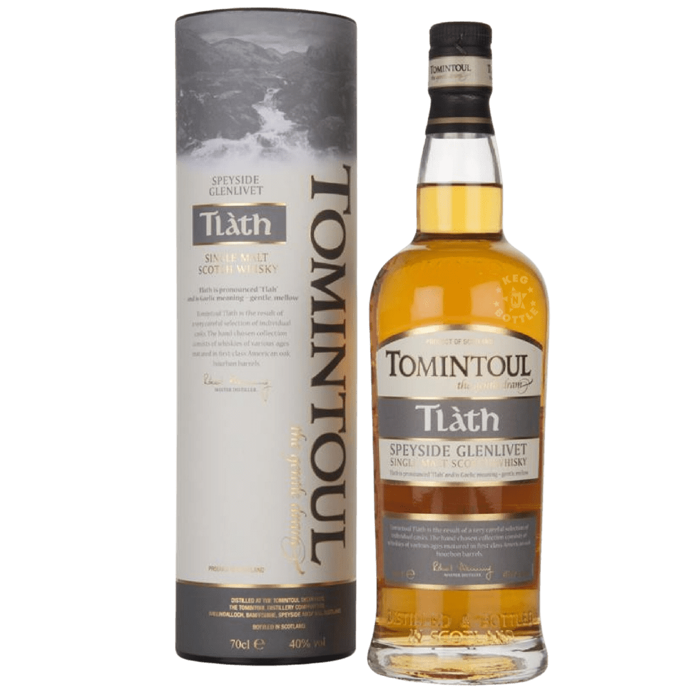 Tomintoul Tlàth Speyside Glenlivet Single Malt Scotch Whisky 750mL bottle with presentation tube.