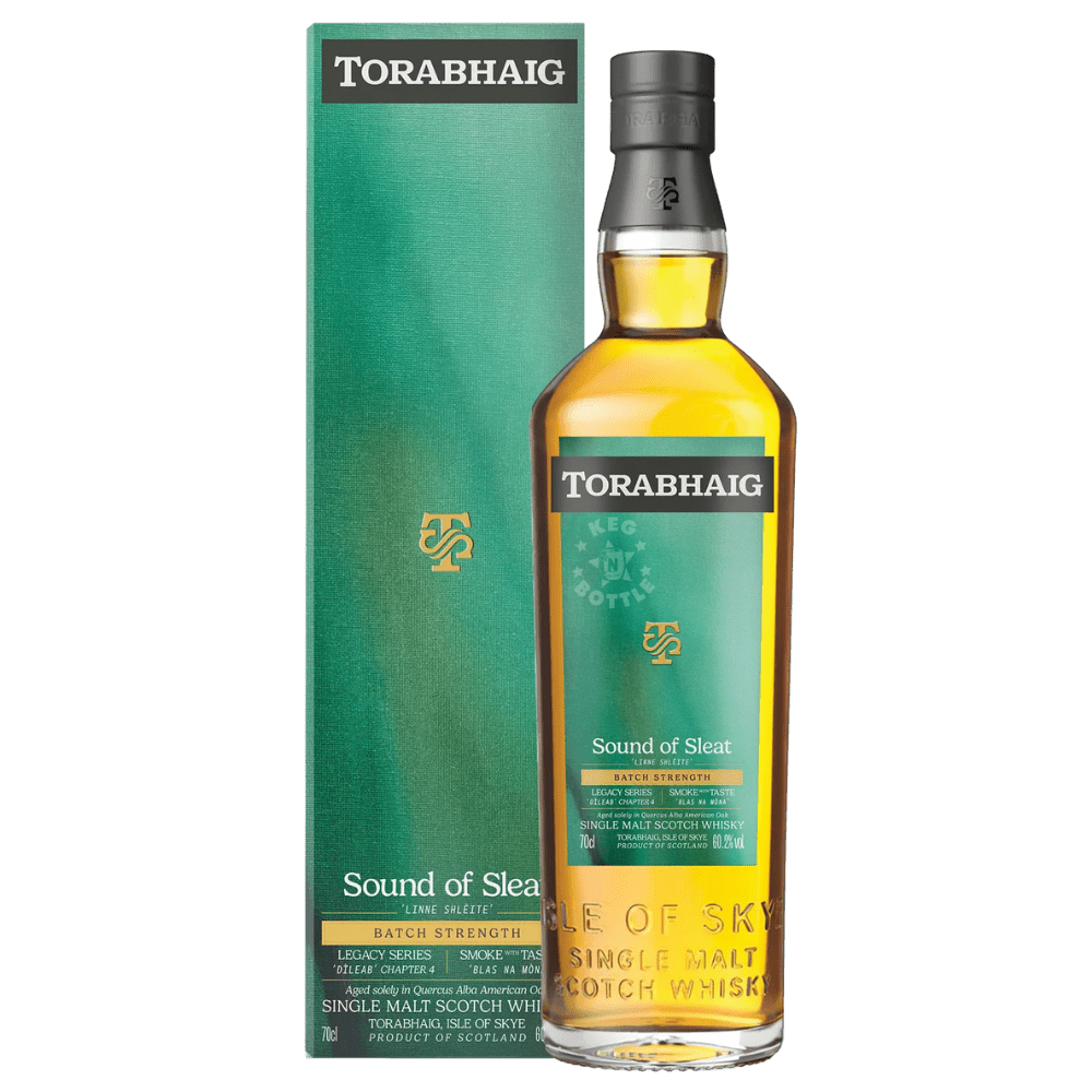 Torabhaig Sound of Sleat Batch Strength peated single malt Scotch whisky bottle with green gift box 700ml