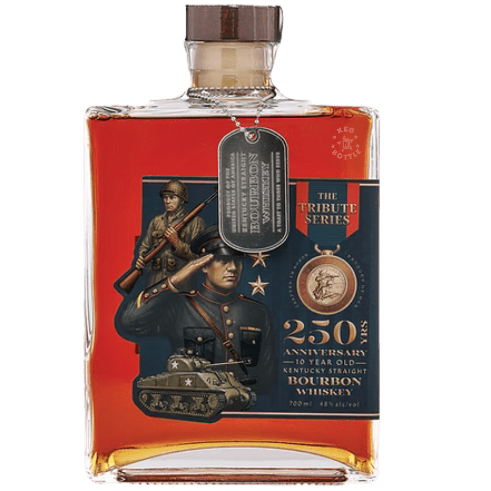 The Tribute Series Marines 250th Anniversary 10-Year Kentucky Straight Bourbon Whiskey 750mL with Marine Corps-inspired artwork and dog tag pendant.