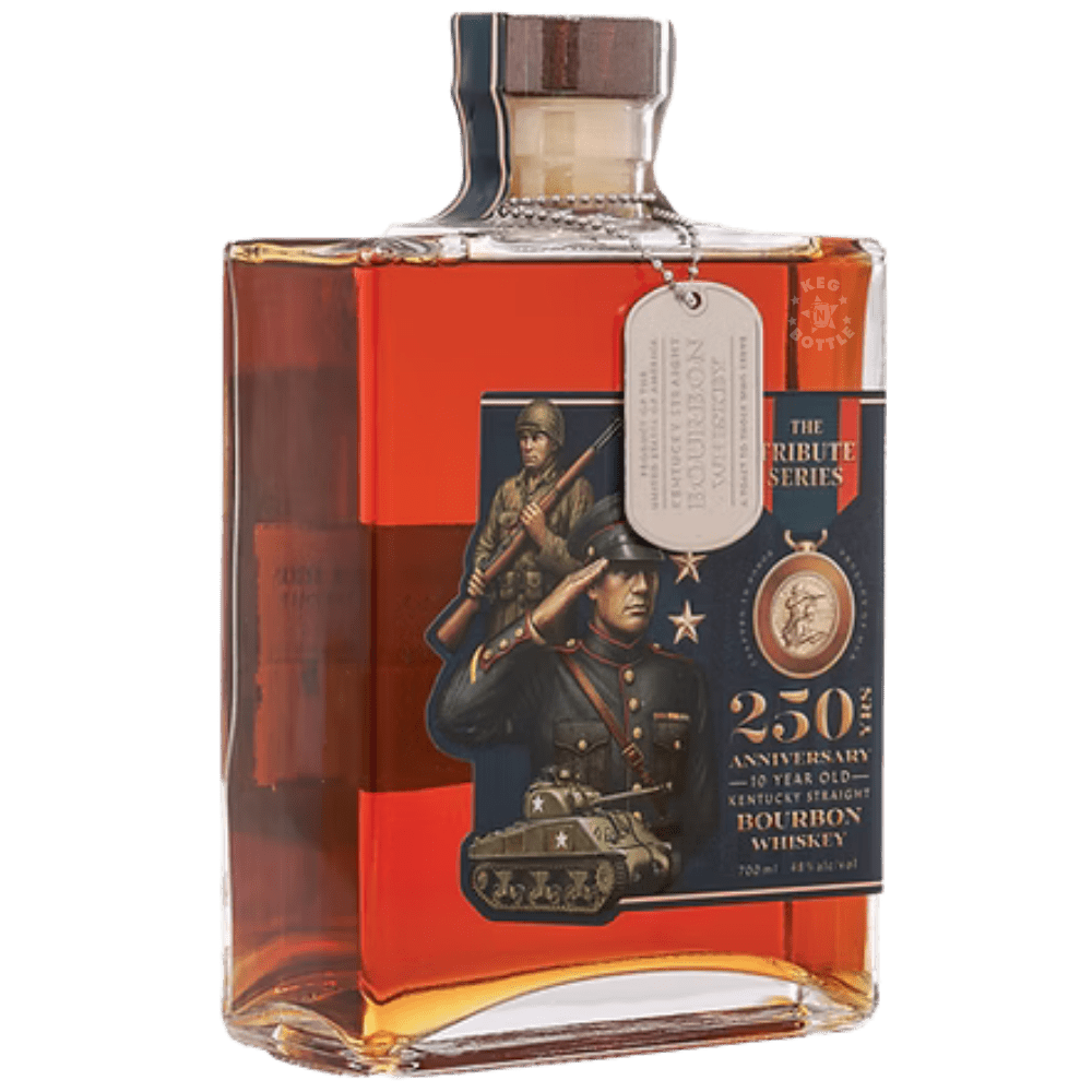The Tribute Series Marines 250th Anniversary 10-Year Kentucky Straight Bourbon Whiskey 750mL with Marine Corps-inspired artwork and dog tag pendant. 2