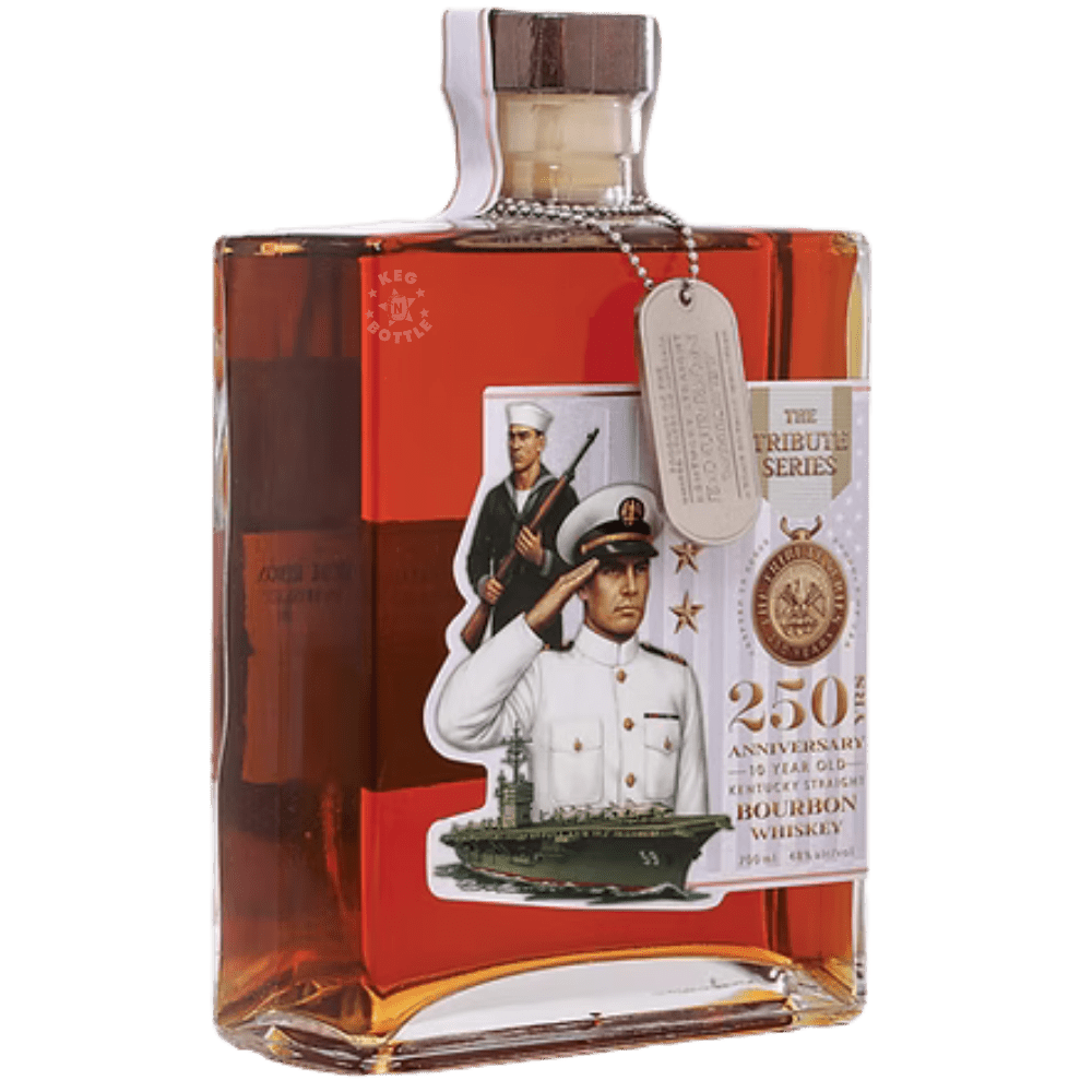 The Tribute Series Navy 250th Anniversary 10-Year Kentucky Straight Bourbon Whiskey 750mL with U.S. Navy commemorative artwork and dog tag-inspired pendant. 2