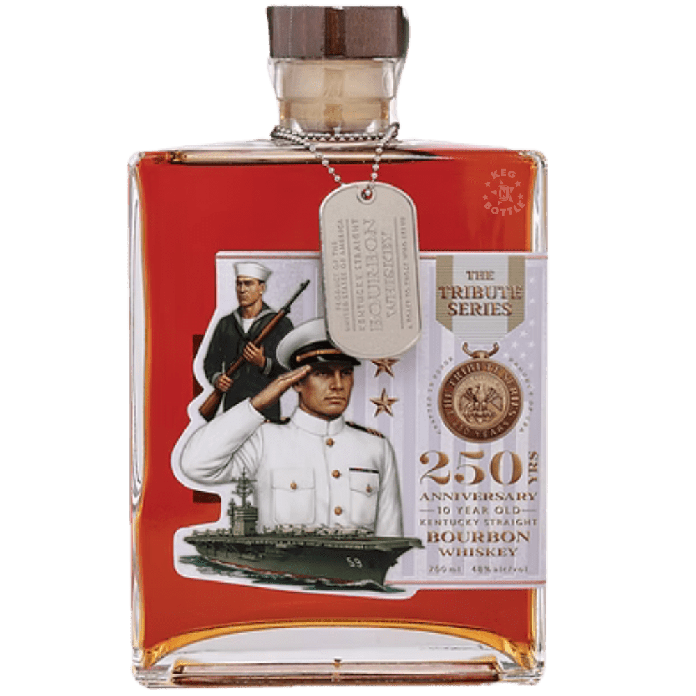 The Tribute Series Navy 250th Anniversary 10-Year Kentucky Straight Bourbon Whiskey 750mL with U.S. Navy commemorative artwork and dog tag-inspired pendant.